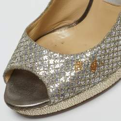 Pre Owned Jimmy Choo Luna Size 35.5 Silver Fabric and Glitter Peep Toe Pumps