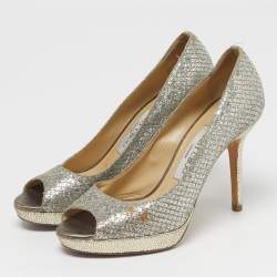 Pre Owned Jimmy Choo Luna Size 35.5 Silver Fabric and Glitter Peep Toe Pumps
