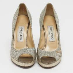 Pre Owned Jimmy Choo Luna Size 35.5 Silver Fabric and Glitter Peep Toe Pumps