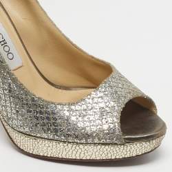 Pre Owned Jimmy Choo Luna Size 35.5 Silver Fabric and Glitter Peep Toe Pumps
