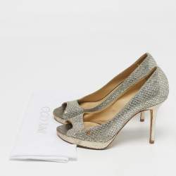 Pre Owned Jimmy Choo Luna Size 35.5 Silver Fabric and Glitter Peep Toe Pumps