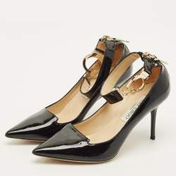 Pre Owned حذاء كعب عالي جيمي تشو ديفوت جلد أسود لامع مع أصفاد كاحل مقدمة مدببة مقاس 35.5