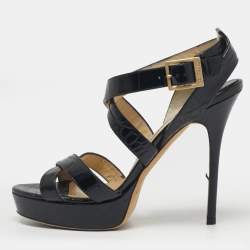 Pre Owned Jimmy Choo Size 38.5 Black Croc Embossed Leather Crisscross Ankle Strap Sandals