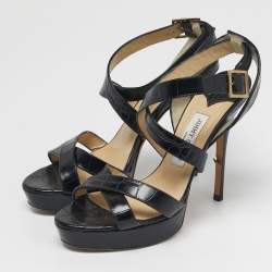 Pre Owned Jimmy Choo Size 38.5 Black Croc Embossed Leather Crisscross Ankle Strap Sandals