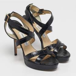 Pre Owned Jimmy Choo Size 38.5 Black Croc Embossed Leather Crisscross Ankle Strap Sandals