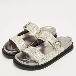 Pre Owned Jimmy Choo Marga Size 41 Silver Glitter and Leather Crystal Embellished Flat Sandals