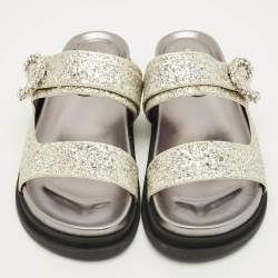 Pre Owned Jimmy Choo Marga Size 41 Silver Glitter and Leather Crystal Embellished Flat Sandals