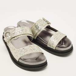 Pre Owned Jimmy Choo Marga Size 41 Silver Glitter and Leather Crystal Embellished Flat Sandals