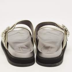 Pre Owned Jimmy Choo Marga Size 41 Silver Glitter and Leather Crystal Embellished Flat Sandals