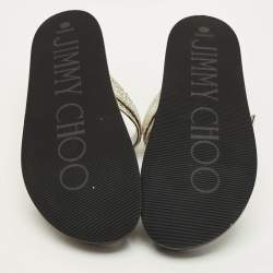 Pre Owned Jimmy Choo Marga Size 41 Silver Glitter and Leather Crystal Embellished Flat Sandals