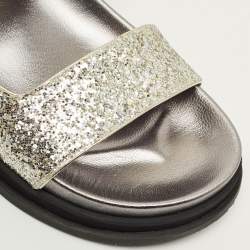 Pre Owned Jimmy Choo Marga Size 41 Silver Glitter and Leather Crystal Embellished Flat Sandals