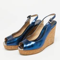 Pre Owned Jimmy Choo Prova Size 36.5 Metallic Blue Leather Wedge Sandals