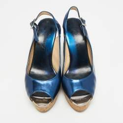 Pre Owned Jimmy Choo Prova Size 36.5 Metallic Blue Leather Wedge Sandals