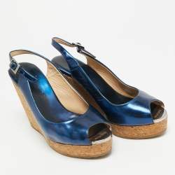 Pre Owned Jimmy Choo Prova Size 36.5 Metallic Blue Leather Wedge Sandals