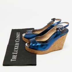 Pre Owned Jimmy Choo Prova Size 36.5 Metallic Blue Leather Wedge Sandals