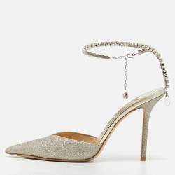 Pre Owned Jimmy Choo Saeda Size 38 Gold Glitter Ankle Strap Pumps