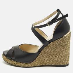 Pre Owned Jimmy Choo Alanah Size 39 Black Leather Wedge Sandals