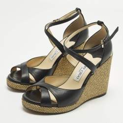 Pre Owned صندل جيمي تشو جلد أسود كعب روكي مقاس 39