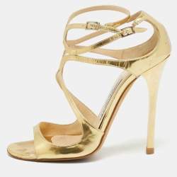Pre Owned Jimmy Choo Lance Size 37 Gold Leather Ankle Strap Sandals