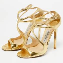 Pre Owned Jimmy Choo Lance Size 37 Gold Leather Ankle Strap Sandals