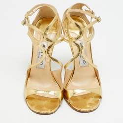 Pre Owned Jimmy Choo Lance Size 37 Gold Leather Ankle Strap Sandals