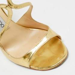 Pre Owned Jimmy Choo Lance Size 37 Gold Leather Ankle Strap Sandals