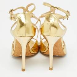 Pre Owned Jimmy Choo Lance Size 37 Gold Leather Ankle Strap Sandals