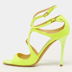 Pre Owned Jimmy Choo Lance Size 37 Yellow Leather Ankle Strap Sandals