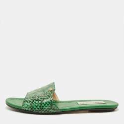Pre Owned Jimmy Choo Nanda Size 35.5 Green Snakeskin Leather Flat Slides