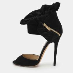 Pre Owned Jimmy Choo Black Suede and Satin Ruffle Ankle Strap Sandals Size 38