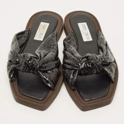 Pre Owned Jimmy Choo Tropica Gel Size 38.5 Black Python Embossed Leather Flat Slides 