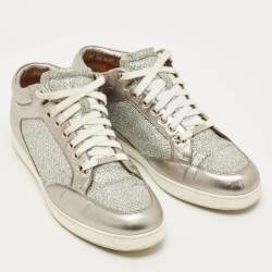 Pre Owned Jimmy Choo Miami Size 40 Silver Glitter and Leather Low Top Sneakers
