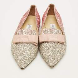 Pre Owned Jimmy Choo Gala Size 38 Metallic Glitter Bow Pointed Toe Ballet Flats