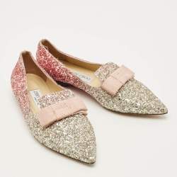 Pre Owned Jimmy Choo Gala Size 38 Metallic Glitter Bow Pointed Toe Ballet Flats