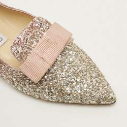 Pre Owned Jimmy Choo Gala Size 38 Metallic Glitter Bow Pointed Toe Ballet Flats