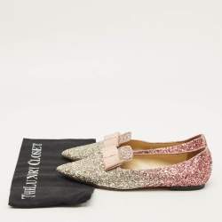 Pre Owned Jimmy Choo Gala Size 38 Metallic Glitter Bow Pointed Toe Ballet Flats