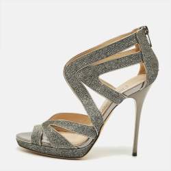 مملوكة مسبقًا Jimmy Choo Collar Size 37 Metallic Silver Glitter and Leather Platform Sandals