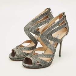 مملوكة مسبقًا Jimmy Choo Collar Size 37 Metallic Silver Glitter and Leather Platform Sandals