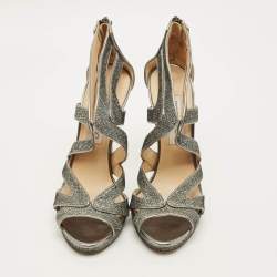 مملوكة مسبقًا Jimmy Choo Collar Size 37 Metallic Silver Glitter and Leather Platform Sandals