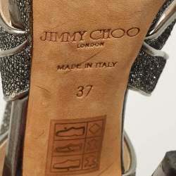 مملوكة مسبقًا Jimmy Choo Collar Size 37 Metallic Silver Glitter and Leather Platform Sandals