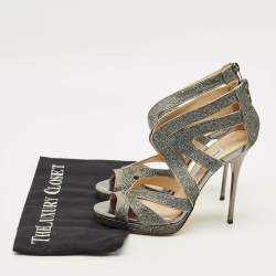 مملوكة مسبقًا Jimmy Choo Collar Size 37 Metallic Silver Glitter and Leather Platform Sandals