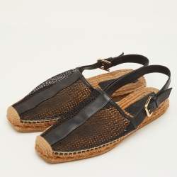 Pre Owned Jimmy Choo Size 39 Black Leather and Mesh Espadrille Slingback Sandals