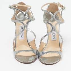 Pre Owned Jimmy Choo Lance Size 39 Silver Leather Ankle Strap Sandals