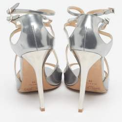 Pre Owned Jimmy Choo Lance Size 39 Silver Leather Ankle Strap Sandals