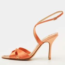 Pre Owned Jimmy Choo Perfect-F Size 38.5 Orange Satin Crystal Embellished Ankle Strap Sandals
