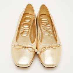 Pre Owned Jimmy Choo Elme Bow Size 39 Metallic Gold Leather Ballet Flats
