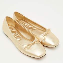 Pre Owned Jimmy Choo Elme Bow Size 39 Metallic Gold Leather Ballet Flats