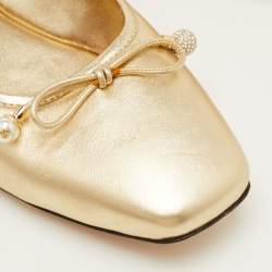 Pre Owned Jimmy Choo Elme Bow Size 39 Metallic Gold Leather Ballet Flats