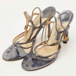 مملوكة مسبقًا Jimmy Choo Strappy Size 39 Metallic Silver Leather Open Toe Ankle Strap Sandals