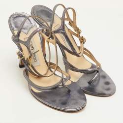 مملوكة مسبقًا Jimmy Choo Strappy Size 39 Metallic Silver Leather Open Toe Ankle Strap Sandals